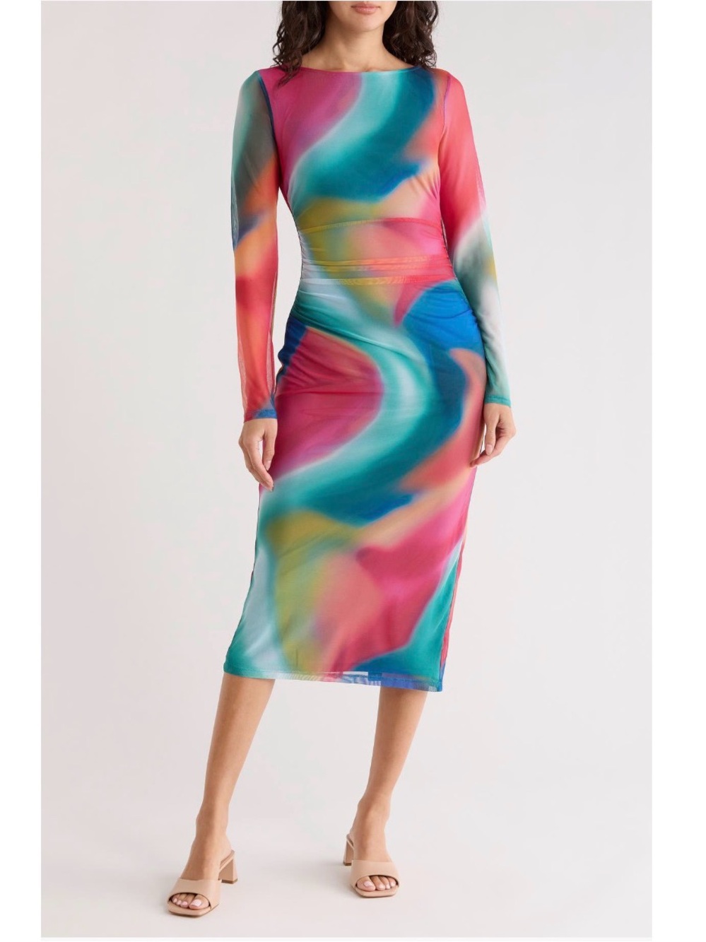 Vince Camuto Long Sleeve Ruched Mesh Body-Con Dress - Reemoly